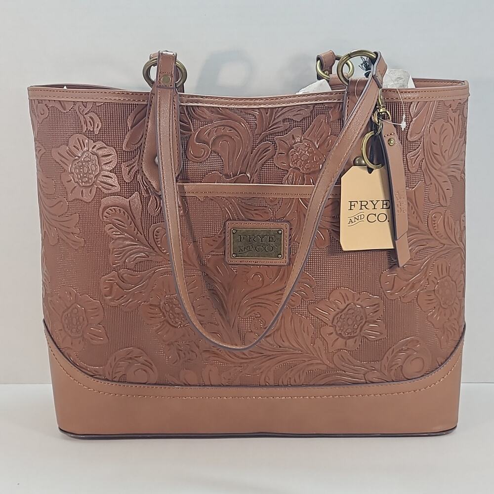 Frye And Co. Tooled Embossed Faux Leather Tote Shoulder Bag Cognac Brown Floral